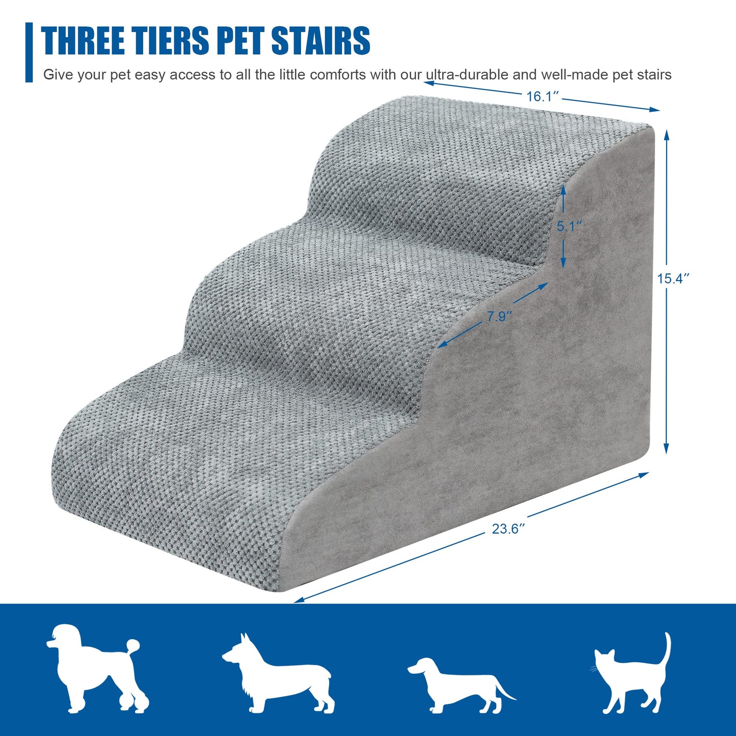 Dog Stairs for Small Dogs - High Density Foam Dog Ramp, Extra Wide Pet Steps with Non-Slip Bottom for High Beds, Couche and Sofa, Best for Dogs Injured, Older Doggy Cats, Pet with Joint Pain (3 Tiers) Niubya