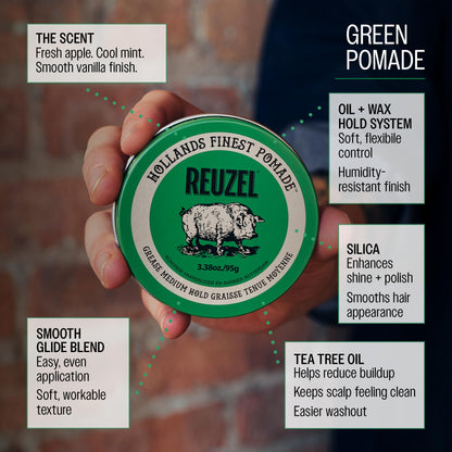 Reuzel Green Grease Pomade For Men Oil Based Medium Hold Natural Shine, Pliable Styling for Normal to Thick Hair, Barber Quality, With Tea Tree, Apple Peppermint Scent 95g 🍁 All In One Marketplace Canada