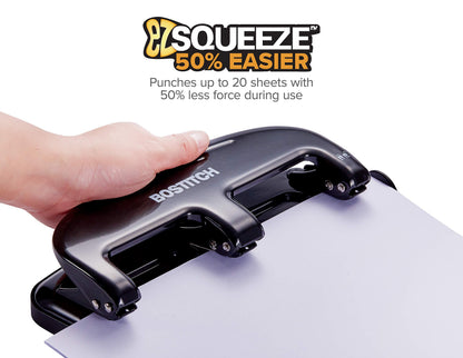 Bostitch Office EZ Squeeze 20 Sheet Standard 3 Hole Punch, Metal Construction, Silver/Black (HP20) Bostitch