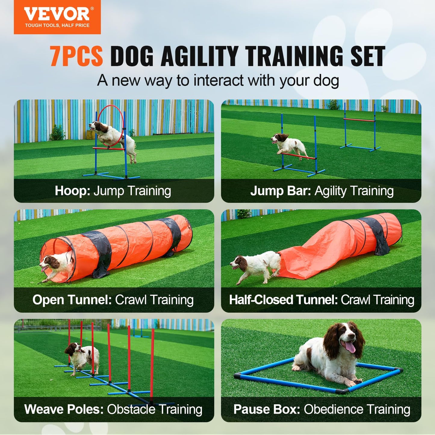 VEVOR Dog Agility Training Equipment, 7 PCS Set Upgrade w/Adjustable High Hurdles,6 Weave Poles,2 Tunnels,Jump Ring,Pause Box, Whistle,Foldable Bowl,Puppy Obstacle Course Kit w/ 3 Bags VEVOR