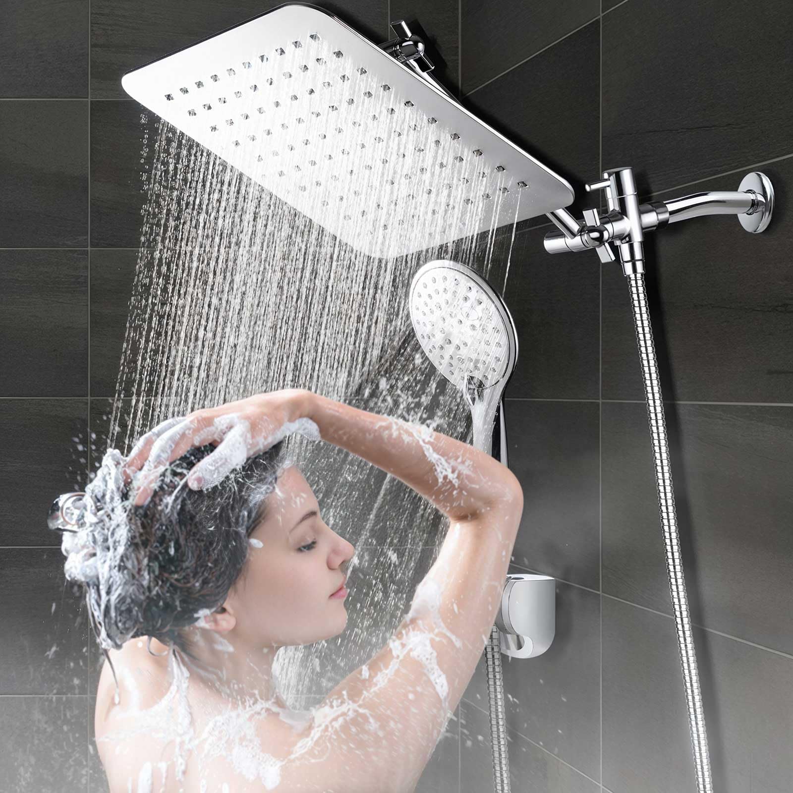 COSYLAND Rain Shower Head with Handheld - 304 Stainless Steel High Pressure 8 inch Square Rainfall Showerhead Combo with 3 Spray Mode 11 inch Extension Adjustable Arm & 60 inch Hose - Chrome COSYLAND