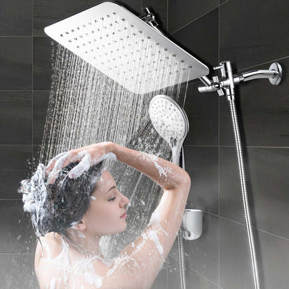 COSYLAND Rain Shower Head with Handheld - 304 Stainless Steel High Pressure 8 inch Square Rainfall Showerhead Combo with 3 Spray Mode 11 inch Extension Adjustable Arm & 60 inch Hose - Chrome COSYLAND