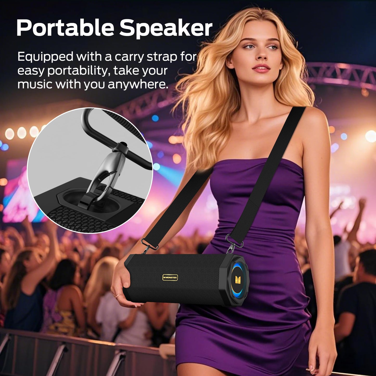 Monster Speaker S200 Wireless Portable Bluetooth Speaker, 24H Playtime, IPX6 Waterproof, 50W Stereo Sound, Bluetooth 5.4, Dual Bass Speakers, Perfect for Home, Parties, and Travel.Black - Available at All In One Marketplace Canada