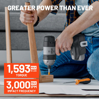 LiTHELi 20V Cordless Impact Driver Kit, Built-in LED Light, 1/4-inch Hex Chuck, 2800 RPM, 2A, Battery Powered, Black, with 20 Driver Bits and Extension, 24.6x17.8x10.2 cm
