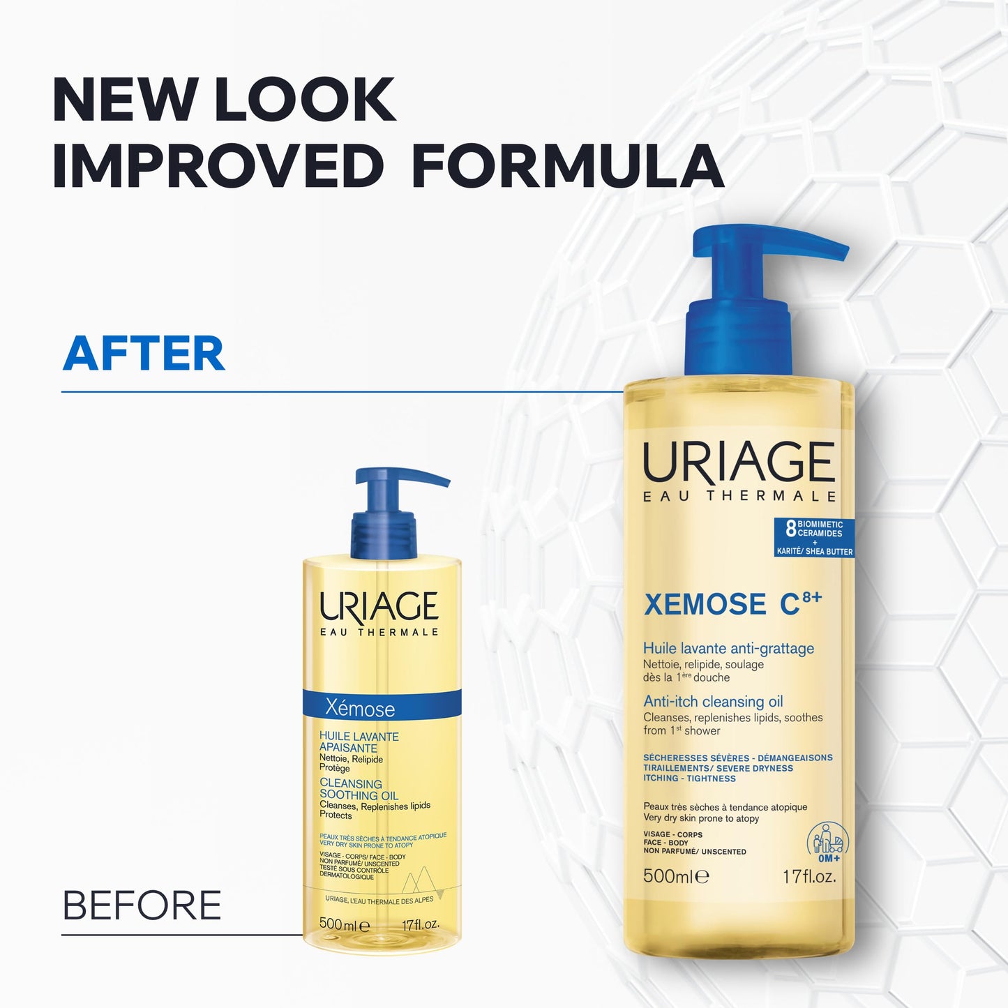 Uriage Xémose Cleansing Soothing Oil - Face & Body Cleanser & Shower Gel - Long-Lasting Comfort For Dry, Sensitive Skin Prone to Atopic Eczema - Soap-free, Fragrance-free For Your Whole Family - 500ml Uriage