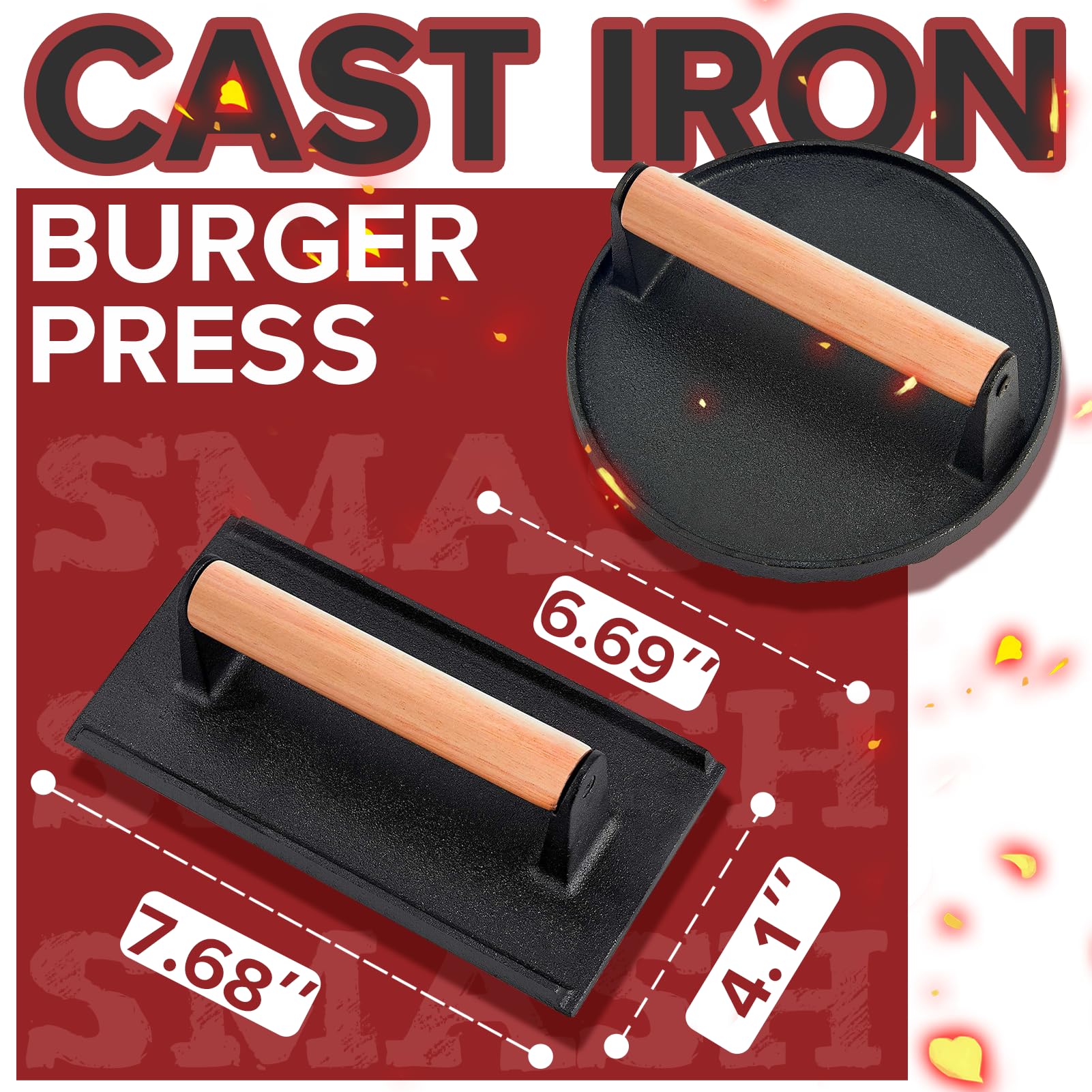 Grilliance 5pcs Smash Burger Press Kit, 3 in 1 Hamburger Press Patty Maker, Cast Iron Burger Press Round & Rectangle, 100pcs Wax Paper for Grill, Griddle, Flat top, Kitchen, Cooking - Available at All In One Marketplace Canada