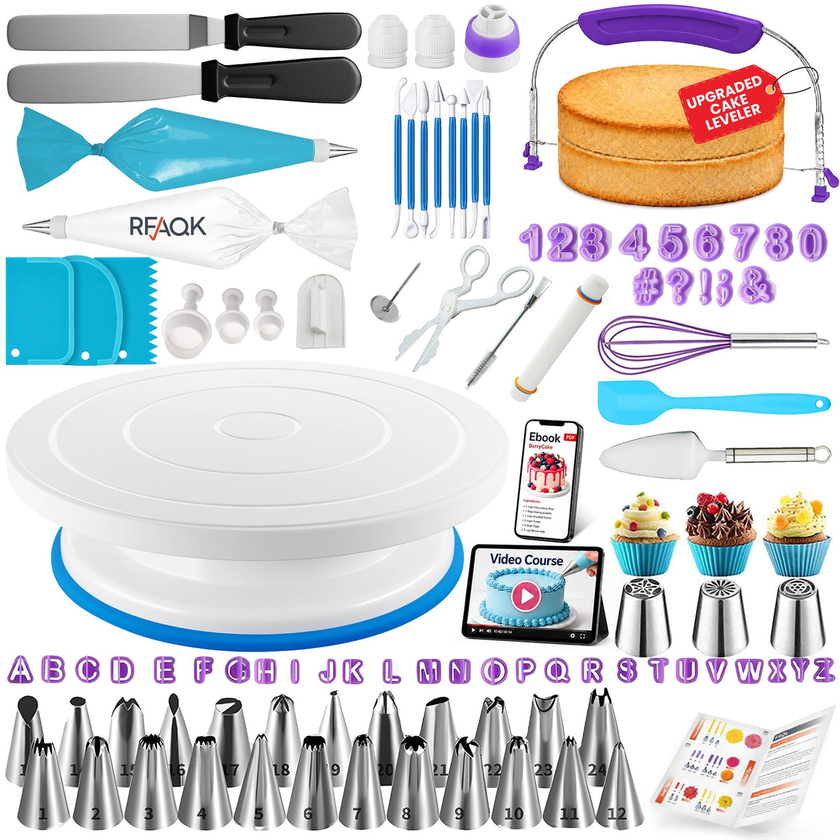RFAQK 230PCs Cake Decorating Kit with Baking Supplies Cake Turntable, Piping Bags and Tips, Modeling Tools, Plunger Cutters, Cake Scrappers, Pastry Bags Cake Decorating Supplies 🍁 All In One Marketplace Canada