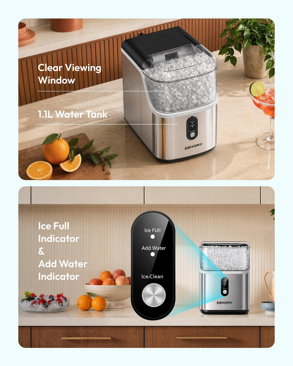 EUHOMY Nugget Ice Maker Countertop, Ready in 7 Mins, 34Lbs/24H Pebble Ice Maker Machine, Self-Cleaning Countertop Sonic Ice Makers with Ice Scoop&Basket, Pellet Ice Maker for Home, Stainless Steel