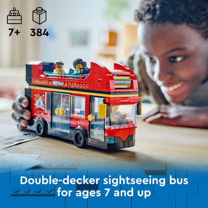 LEGO City Red Double-Decker Sightseeing Bus Toy Vehicle Set, Birthday Gift for 7 Year Olds, London Bus, for Kids, Double-Decker Bus Toy, 5 Characters Including a Baby and Stroller, 60407 LEGO