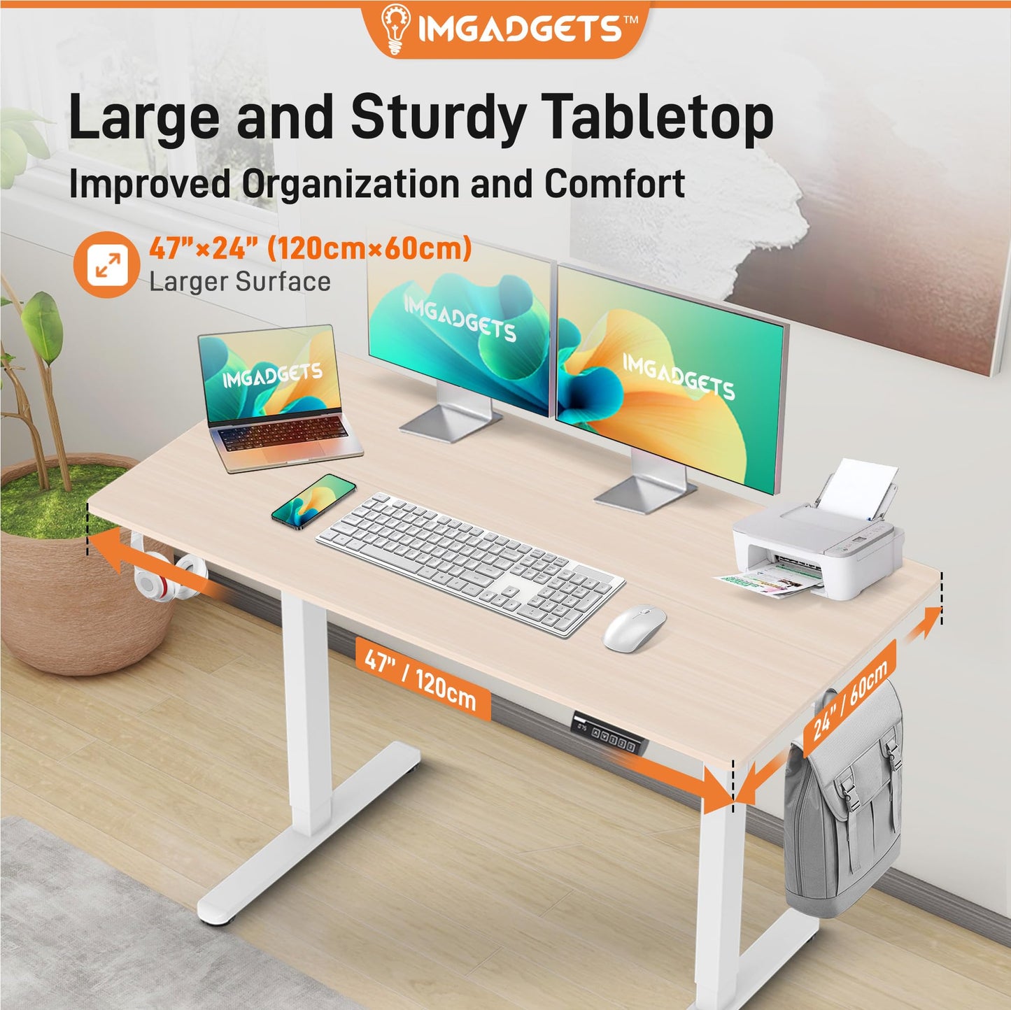 IMGadgets Electric Standing Desk, 47x24 Inches Height Adjustable, 2026 6th Gen Quiet Motor Ergonomic Sit Stand Desk, Computer Desk for Home Office, Height Memory Buttons, Display, 2 Headphone Holders