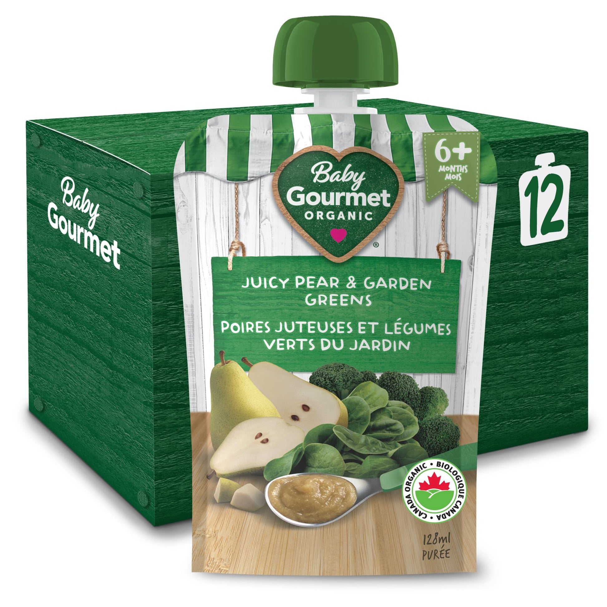Baby Gourmet Juicy Pear & Garden Greens Purée, 12 × 128 mL Pouches | 6 Months+ | Organic Baby Food | No Added Sugar or Salt | Made in Canada Baby Gourmet