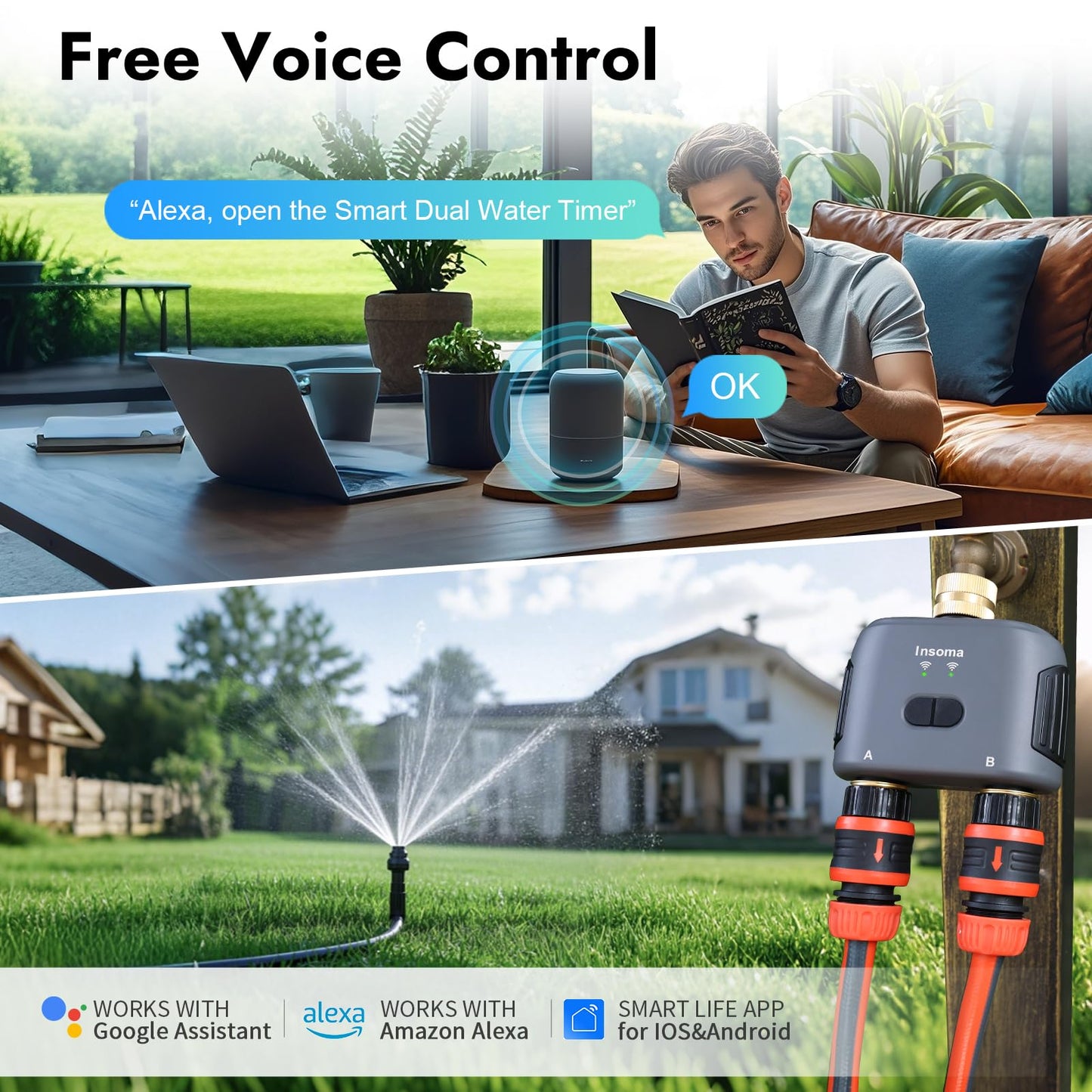 WiFi Water Timer for Garden Hose with Brass Inlet,Smart Hose Timer with WiFi Hub, APP & Voice Control,Up to 20 Watering Plans, 2-Zone Sprinkler Drip Irrigation System Controller for Watering