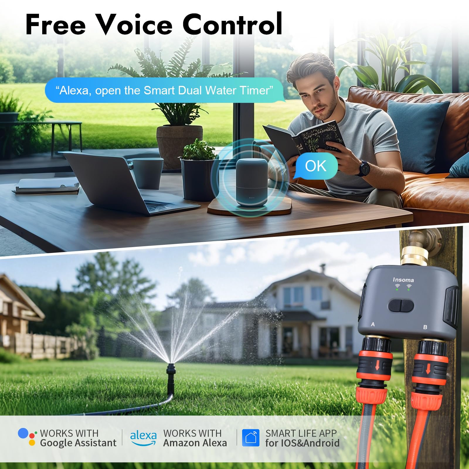 WiFi Water Timer for Garden Hose with Brass Inlet,Smart Hose Timer with WiFi Hub, APP & Voice Control,Up to 20 Watering Plans, 2-Zone Sprinkler Drip Irrigation System Controller for Watering