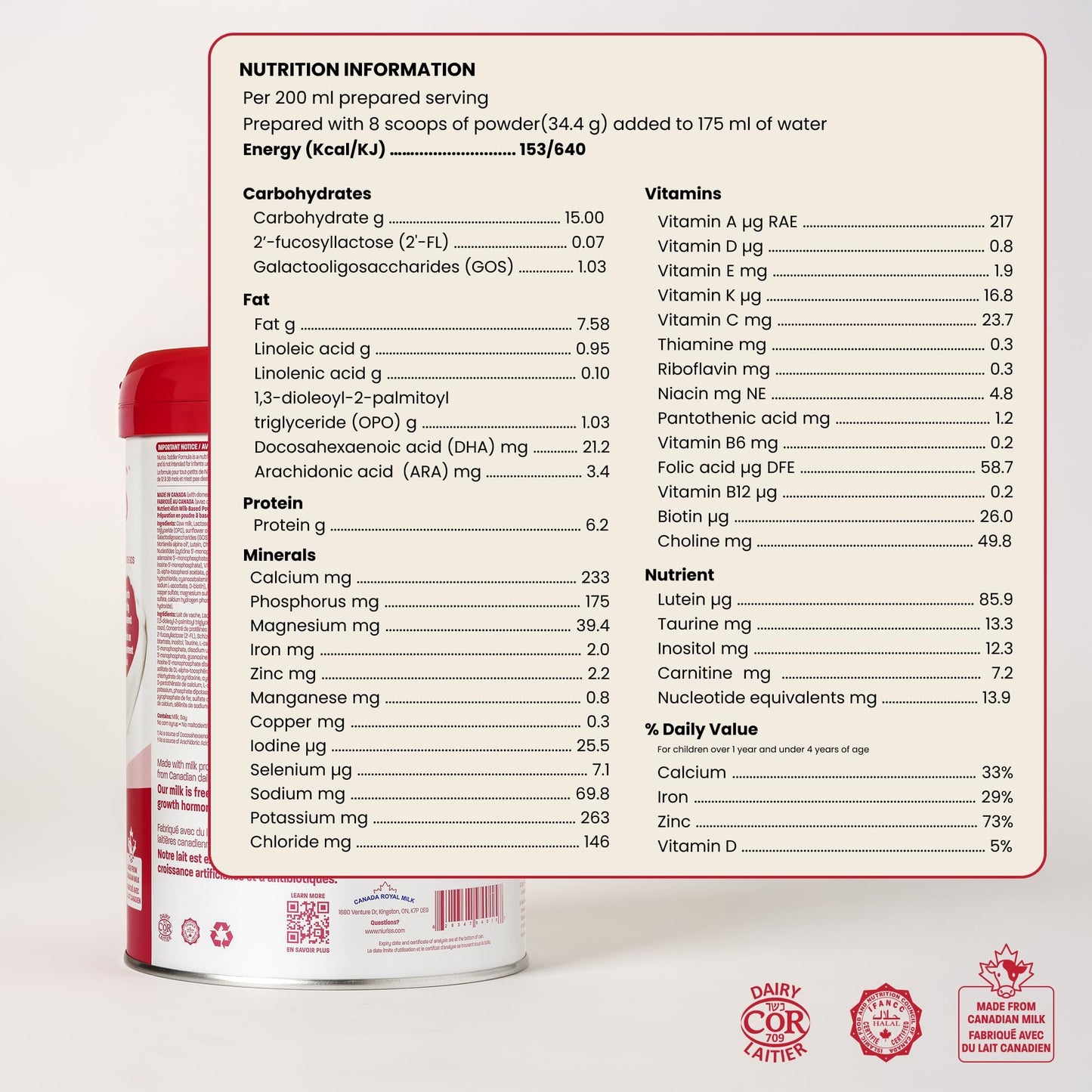 NIURISS Toddler Formula - 27 Micronutrients, OPO Lipids & GOS Fiber, Canadian Milk, Kosher & Halal Certified - 900g (12-36 months)