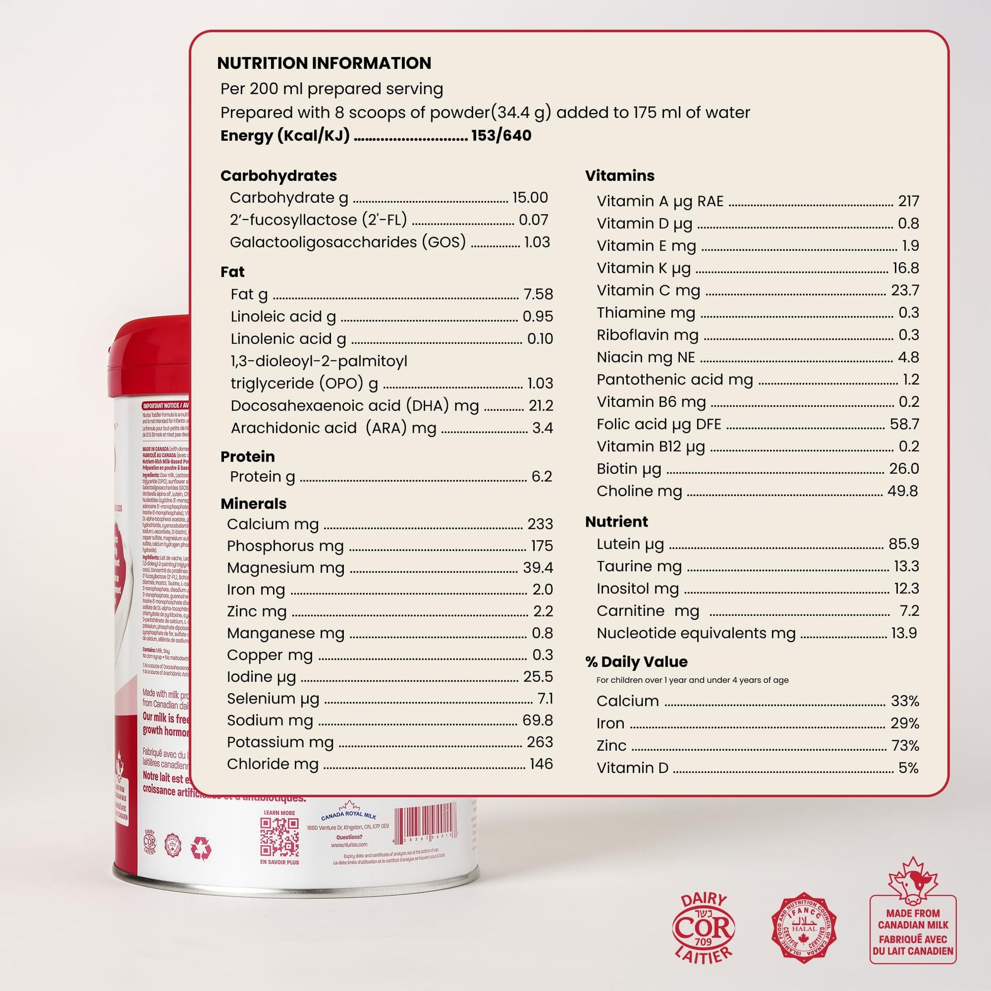 NIURISS Toddler Formula - 27 Micronutrients, OPO Lipids & GOS Fiber, Canadian Milk, Kosher & Halal Certified - 900g (12-36 months)