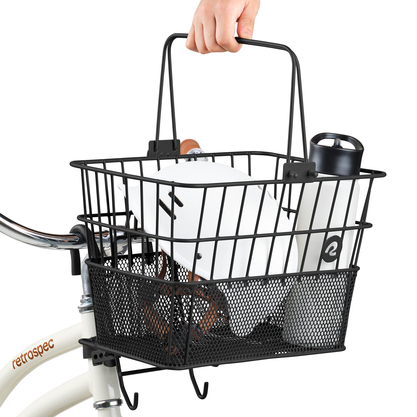 Retrospec Apollo Detachable Front Bike Basket Steel Half-Mesh with Integrated Detachable Hooks and Built-in Handle, Easy Assembly and Portability for Bicycles Retrospec
