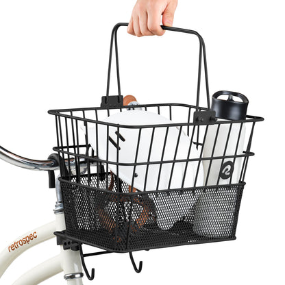 Retrospec Apollo Detachable Front Bike Basket Steel Half-Mesh with Integrated Detachable Hooks and Built-in Handle, Easy Assembly and Portability for Bicycles Retrospec