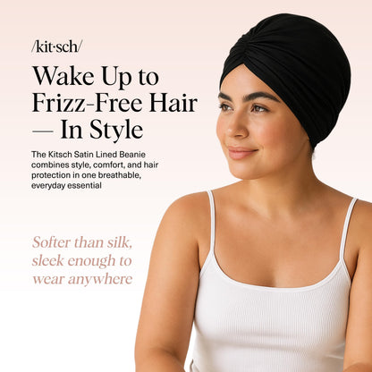 Kitsch Satin Lined Beanie - Softer Than Silk Beanie for Sleeping Women, Breathable Hair Cover for Sleeping, Slouchy Beanies, Bonnets for Women, Hair Wrap, Reduce Breakage for Frizz-Free Hairs - Black - Available at All In One Marketplace Canada