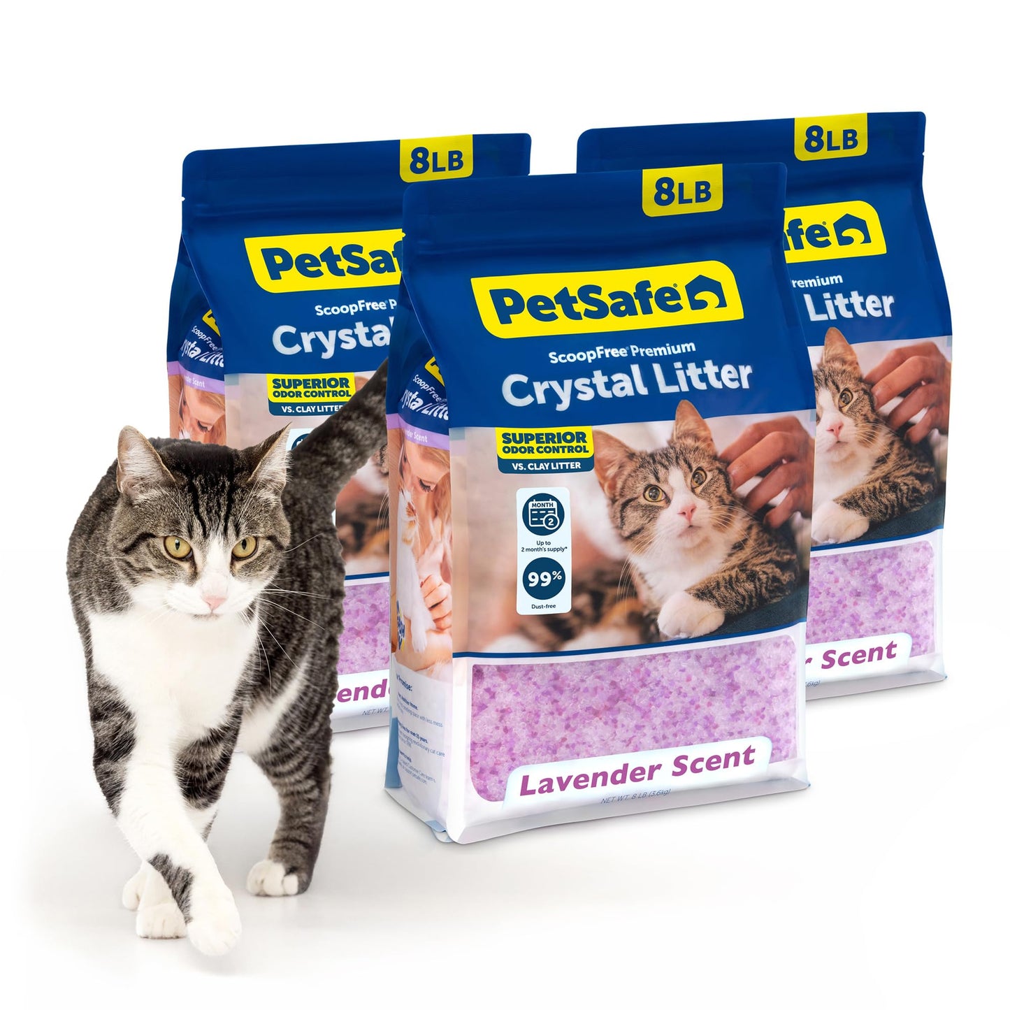 PetSafe ScoopFree Premium Lavender Crystal Cat Litter, 3-Pack – Lightly Scented Litter – Superior Odor Control – Low Tracking for Less Mess – Lasts Up to 6 Months, 24 lb Total (3 Pack of 8 lb Bags)