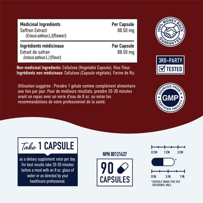Saffron Extract Capsules 88.5mg | 90-Count Bottle | 3:1 Concentrated Formula for Antioxidant Benefits | Vegetarian, Gluten-Free, Non-GMO