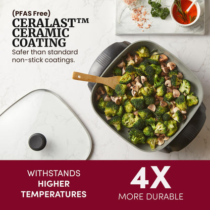 Elite Gourmet 12"x12"x2.15” Ceralast PFAS Free Ceramic Electric Skillet, Dishwasher Safe, Rapid Heat Up, 1200W, Dark Grey