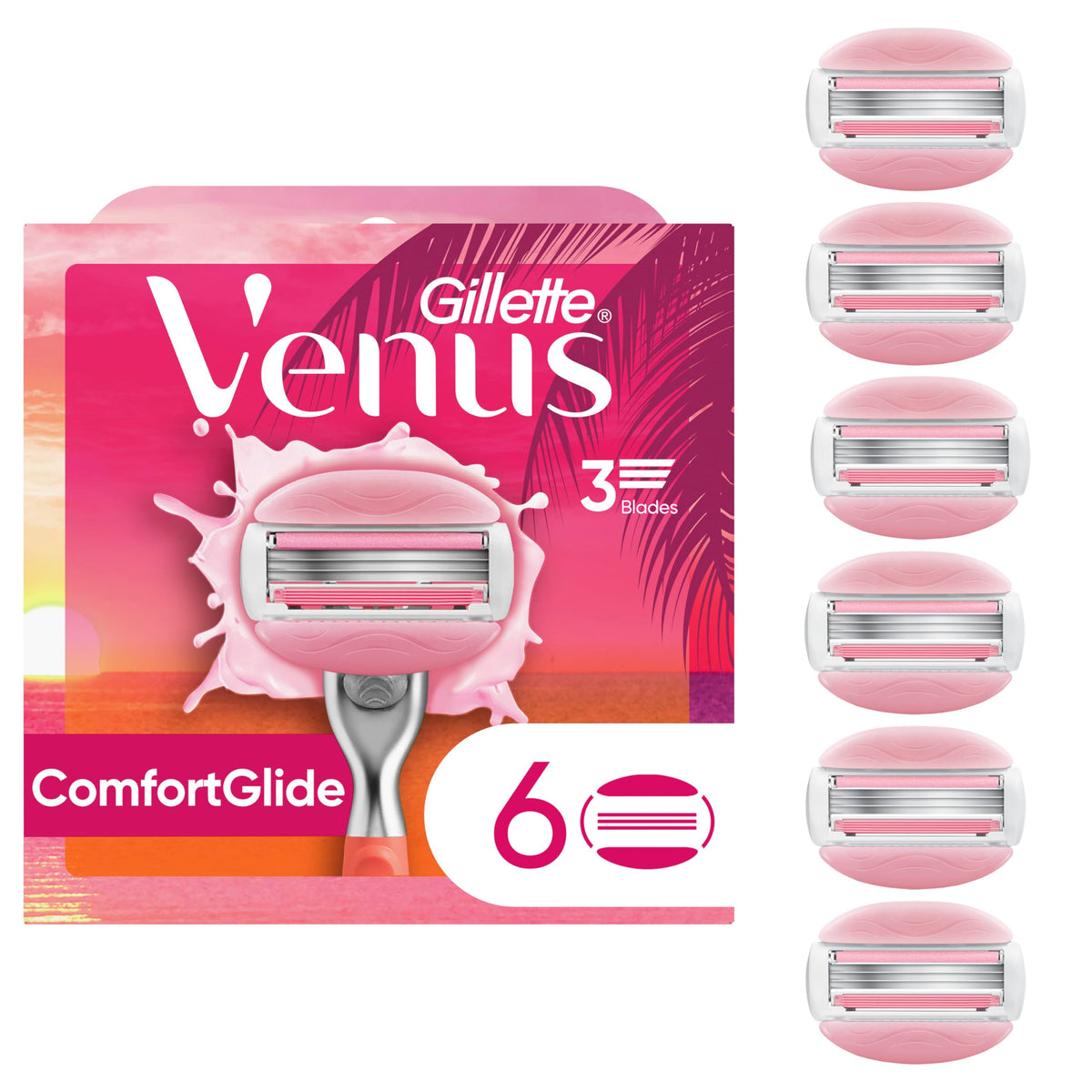 Gillette Venus ComfortGlide 3 Summer Surf Razor Blade Refills for Women, Women's Razor Blade Refills with Scented Carts with built-in shave gel bars, Fits Venus Reusable Razor Handles, 6 Refills Cartridges