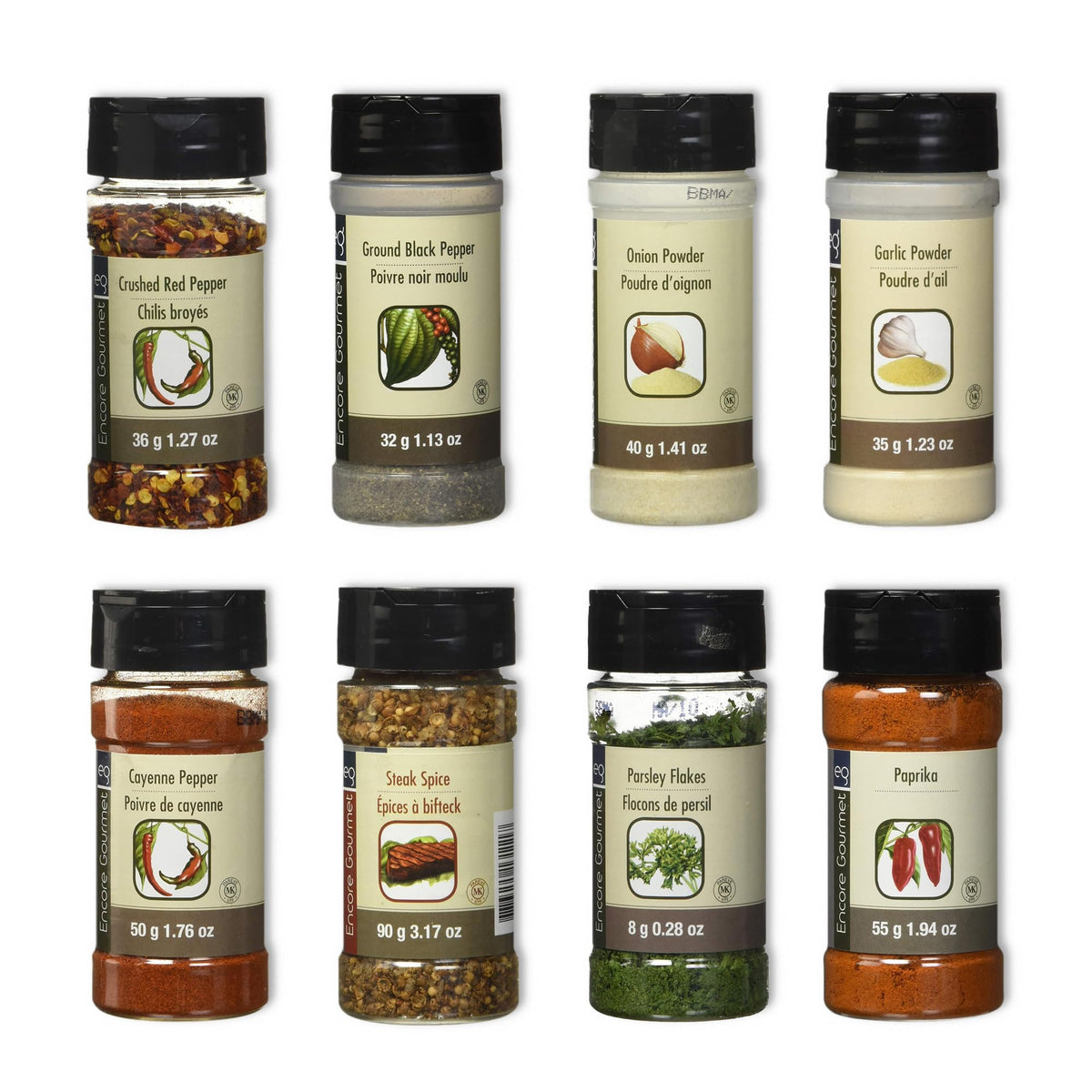 Encore Gourmet Spices & Seasonings Essentials Pack - Includes Crushed Chillies (36g), Cayenne Pepper (50g), Parsley Flakes (8g), Onion Powder (40g), Steak Spice (90g), Paprika (55g), Garlic Powder (35g), Black Pepper (32g) - 8 Variety Pack