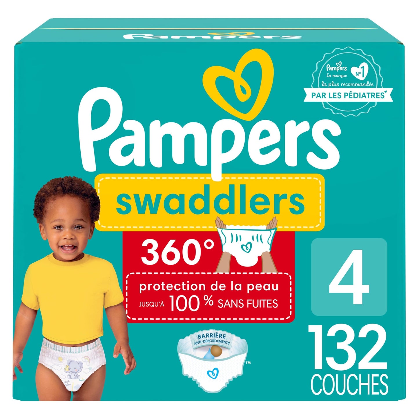 Pampers Diapers - Swaddlers 360 degrees - Size 4, 132 Count, up to 100% Leakproof Comfy Dry Fit, EZ Off Tabs Designed for Easy Changes, Pull On Diaper