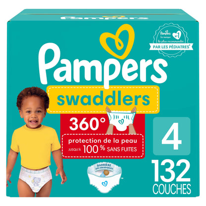 Pampers Diapers - Swaddlers 360 degrees - Size 4, 132 Count, up to 100% Leakproof Comfy Dry Fit, EZ Off Tabs Designed for Easy Changes, Pull On Diaper