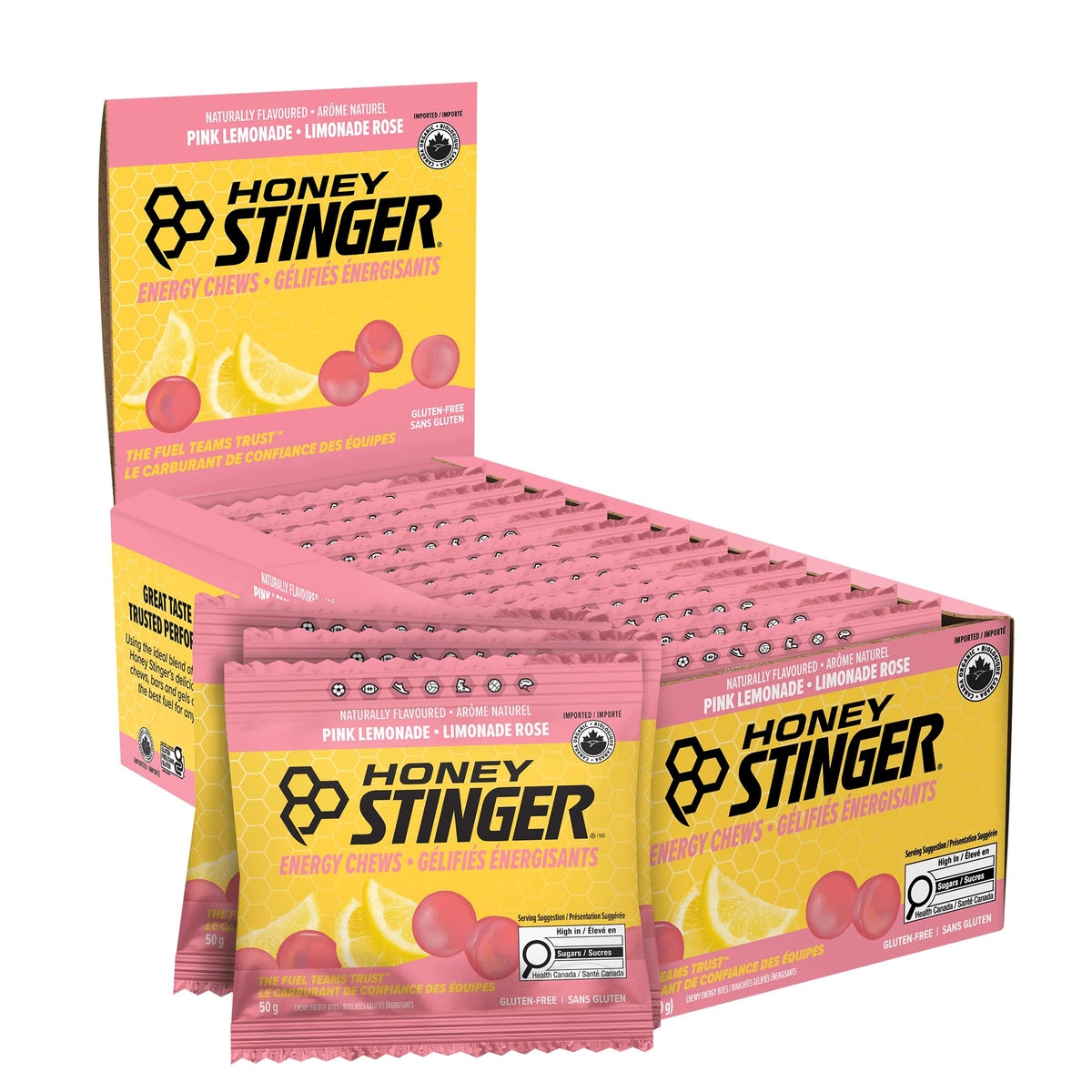Honey Stinger Organic Pink Lemonade Energy Chew | Gluten Free & Caffeine Free | For Exercise, Running and Performance | Sports Nutrition for Home & Gym, Pre and Mid Workout | 12 Pack, 50g