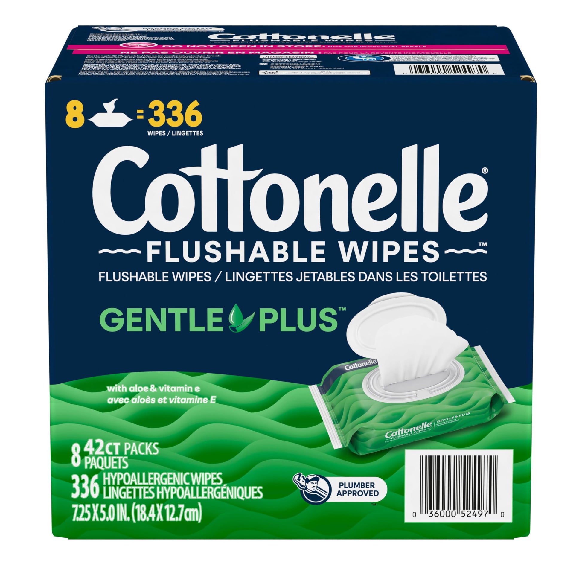 Cottonelle GentlePlus Flushable Wet Wipes with Aloe & Vitamin E, Adult Wet Wipes, 8 Flip-Top Packs, 42 Wipes per Pack (336 Total Flushable Wipes)