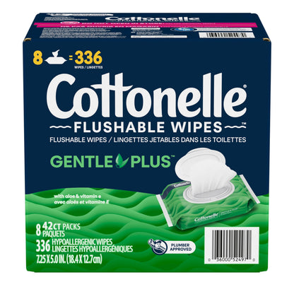 Cottonelle GentlePlus Flushable Wet Wipes with Aloe & Vitamin E, Adult Wet Wipes, 8 Flip-Top Packs, 42 Wipes per Pack (336 Total Flushable Wipes)