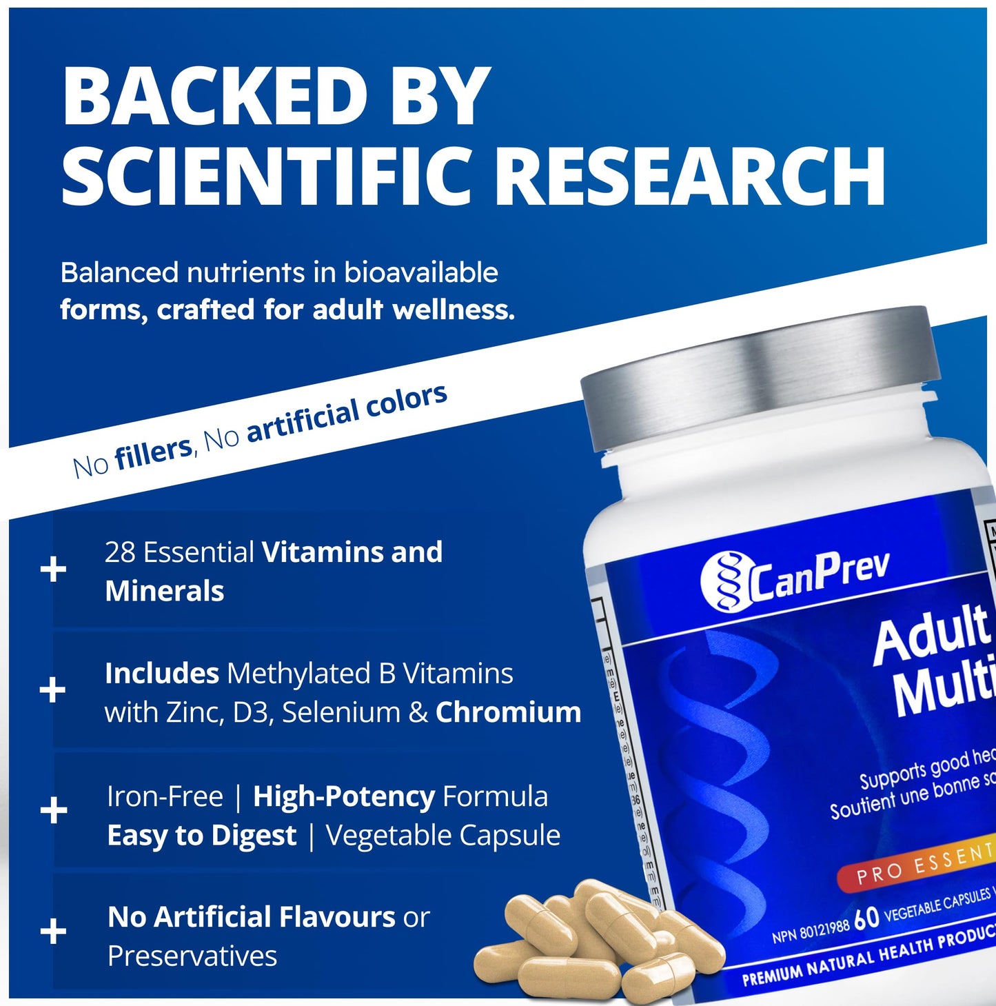 CanPrev Adult Multi, 60 V-Caps 30-Day Supply - Non-GMO and Gluten-Free - High-Potency Multivitamin and Multi-Mineral Formula - Iron-Free - Easy to Digest - Complete Daily Vitamins and Minerals - Available at All In One Marketplace Canada
