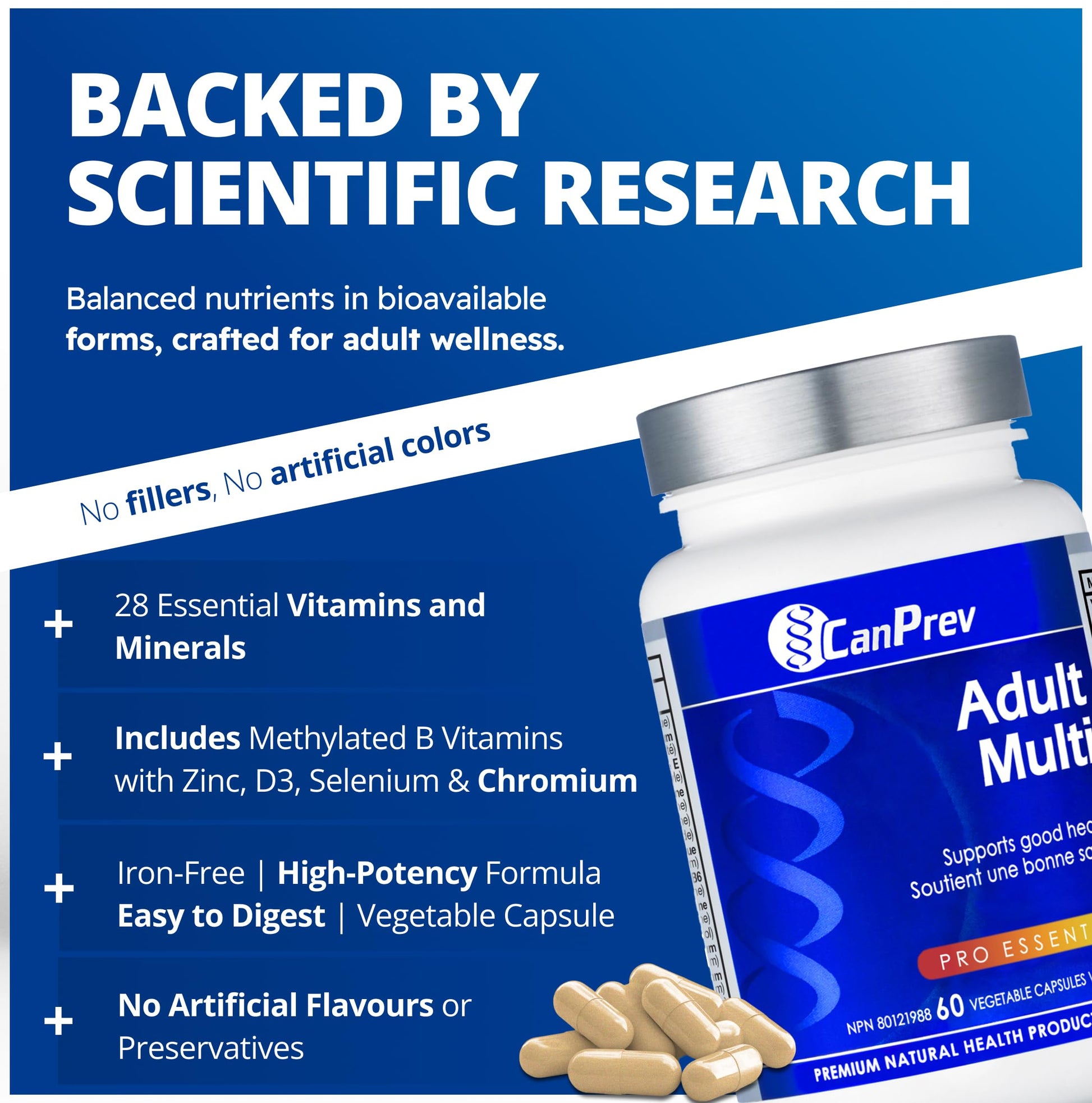 CanPrev Adult Multi, 60 V-Caps 30-Day Supply - Non-GMO and Gluten-Free - High-Potency Multivitamin and Multi-Mineral Formula - Iron-Free - Easy to Digest - Complete Daily Vitamins and Minerals - Available at All In One Marketplace Canada