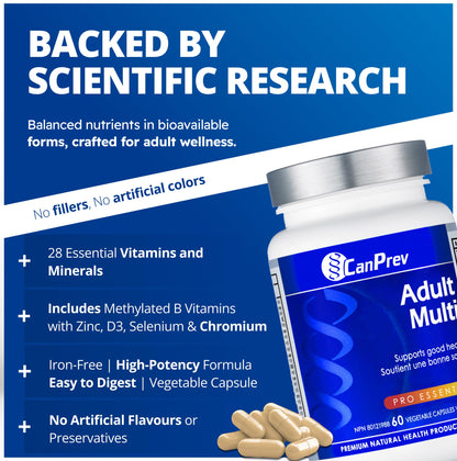 CanPrev Adult Multi, 60 V-Caps 30-Day Supply - Non-GMO and Gluten-Free - High-Potency Multivitamin and Multi-Mineral Formula - Iron-Free - Easy to Digest - Complete Daily Vitamins and Minerals - Available at All In One Marketplace Canada