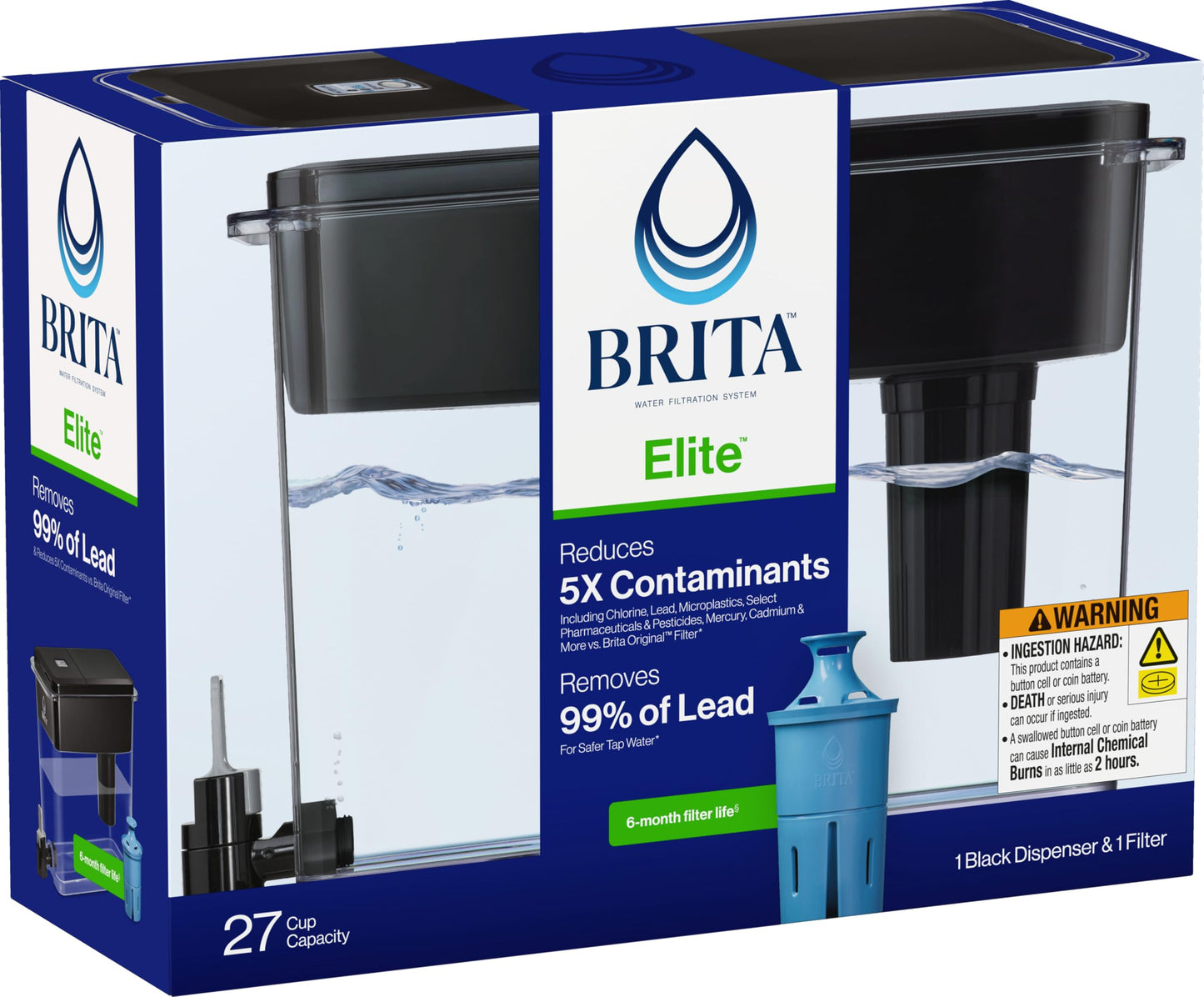 Brita Extra Large 27 Cup Filtered Water Dispenser with 1 Brita Elite Filter, Made Without BPA, UltraMax, Black