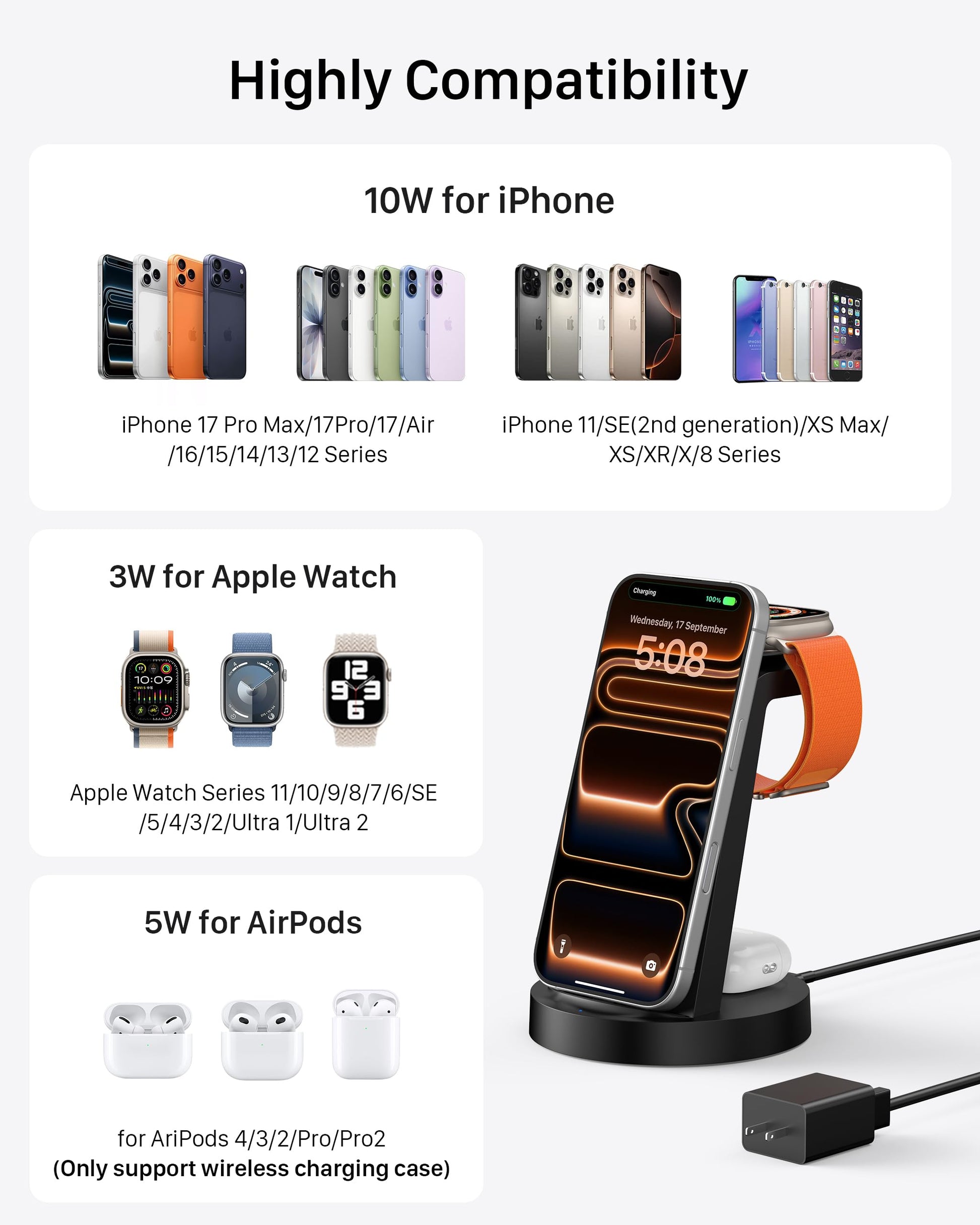 Anlmz 3 in 1 Charging Station for iPhone, Wireless Charger for iPhone 17 16e 16 15 14 13 12 11 X Pro Max & Apple Watch - Wireless Charging Station for AirPods 4 3 Pro - Available at All In One Marketplace Canada