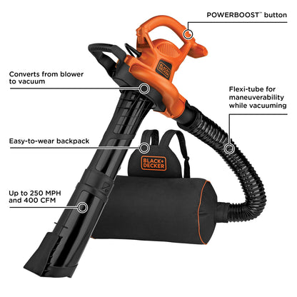 BLACK+DECKER Leaf Blower Vacuum Back Pack and Mulcher, Power Boost up to 250 MPH, 400 CFM, Corded (BEBL7000-CA) BLACK+DECKER