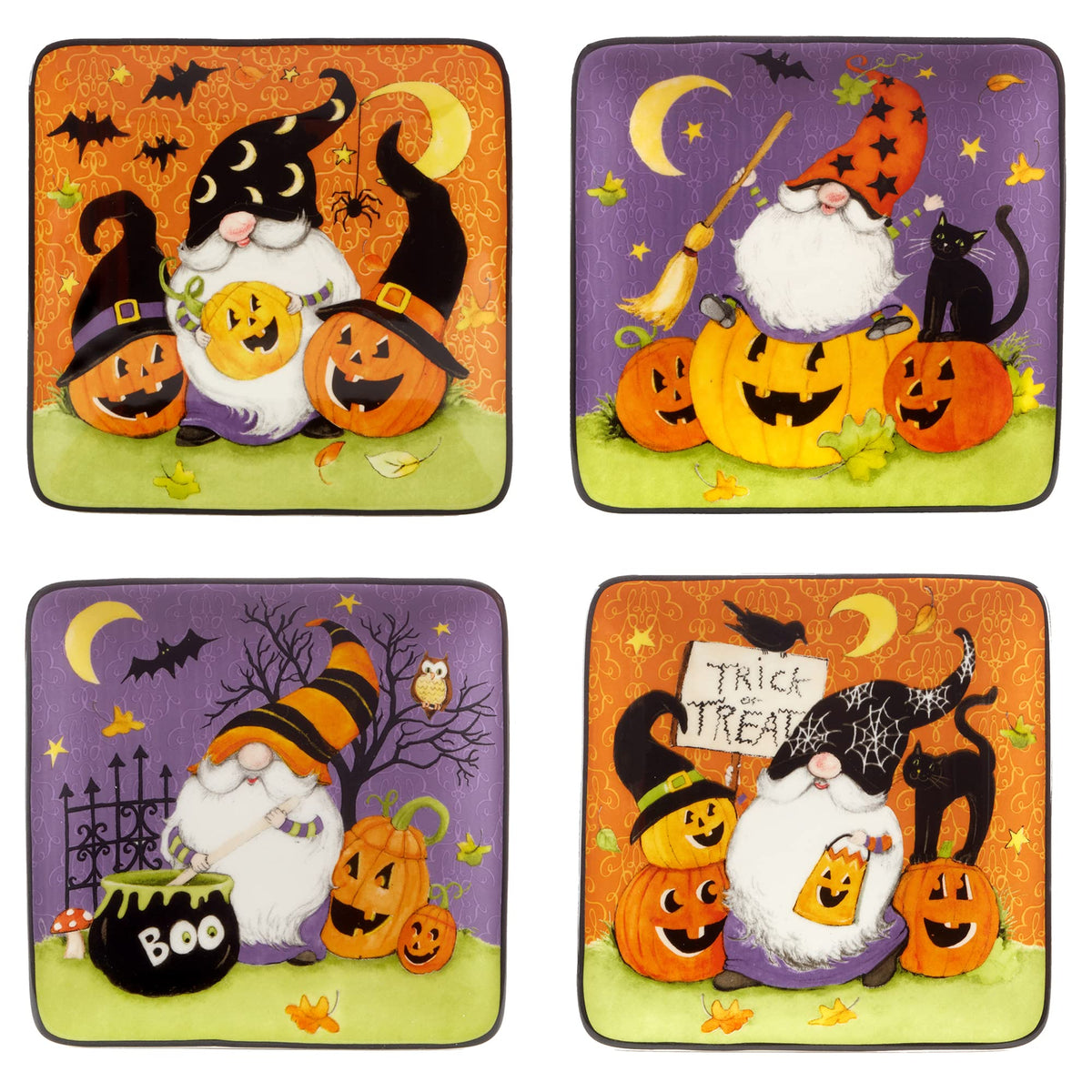 Certified International Halloween Gnomes 6" Canape/Luncheon Square Plates, Multicolor, Small, Set of 4
