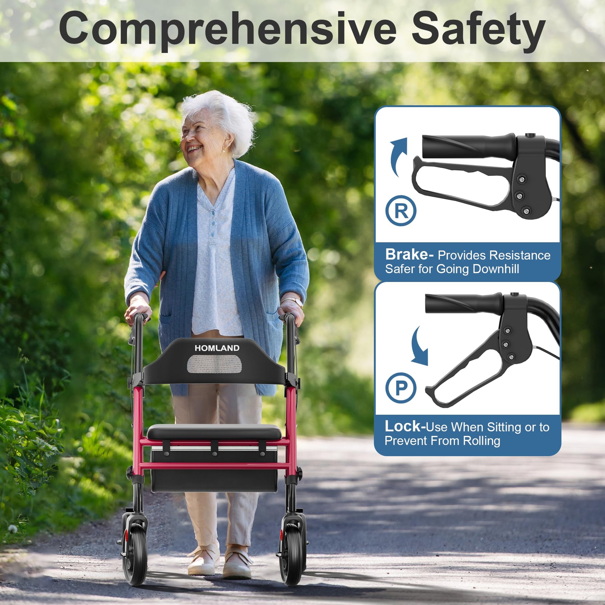 HOMLAND Foldable Rollator Walkers with Seat for Seniors, 8'' Big Wheels, 350 lb. Weight Capacity, Adjustable Handles and Seat Height, Lightweight Rolling Walker, Red - Available at All In One Marketplace Canada