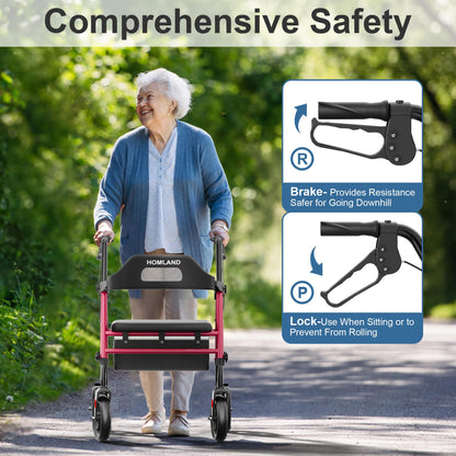 HOMLAND Foldable Rollator Walkers with Seat for Seniors, 8'' Big Wheels, 350 lb. Weight Capacity, Adjustable Handles and Seat Height, Lightweight Rolling Walker, Red - Available at All In One Marketplace Canada
