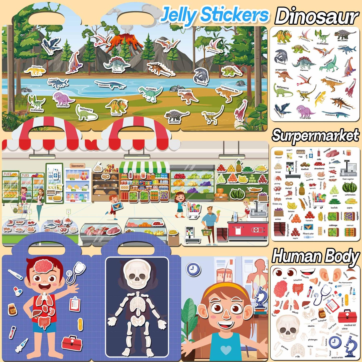 iGetooy Reusable Sticker Book, 6 Sets Sticker Book for Kids, Jelly Stickers for Kids, Vehicles, Animals, Ocean, Dinosaurs, Supermarket, Human Body - Available at All In One Marketplace Canada