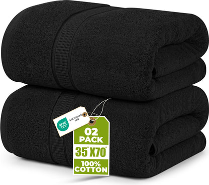 Utopia Towels Luxurious Jumbo Bath Sheet, 35 by 70 Inches, 600 GSM 100% Ring Spun Cotton, Highly Absorbent and Quick Dry Extra Large Bath Towel, Super Soft, Black, 2 Pack
