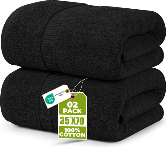 Utopia Towels Luxurious Jumbo Bath Sheet, 35 by 70 Inches, 600 GSM 100% Ring Spun Cotton, Highly Absorbent and Quick Dry Extra Large Bath Towel, Super Soft, Black, 2 Pack