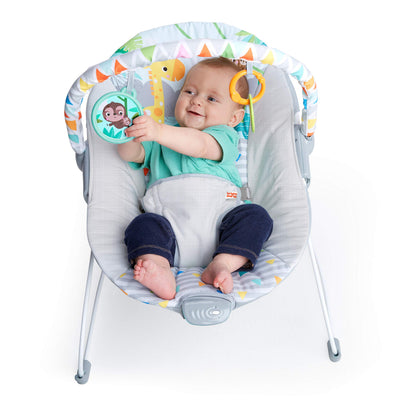 Bright Starts Baby Bouncer Soothing Vibrations Infant Seat - Removable Toy Bar, Nonslip Feet, 0-6 Months Up to 20 lbs (Safari Fun) Bright Starts