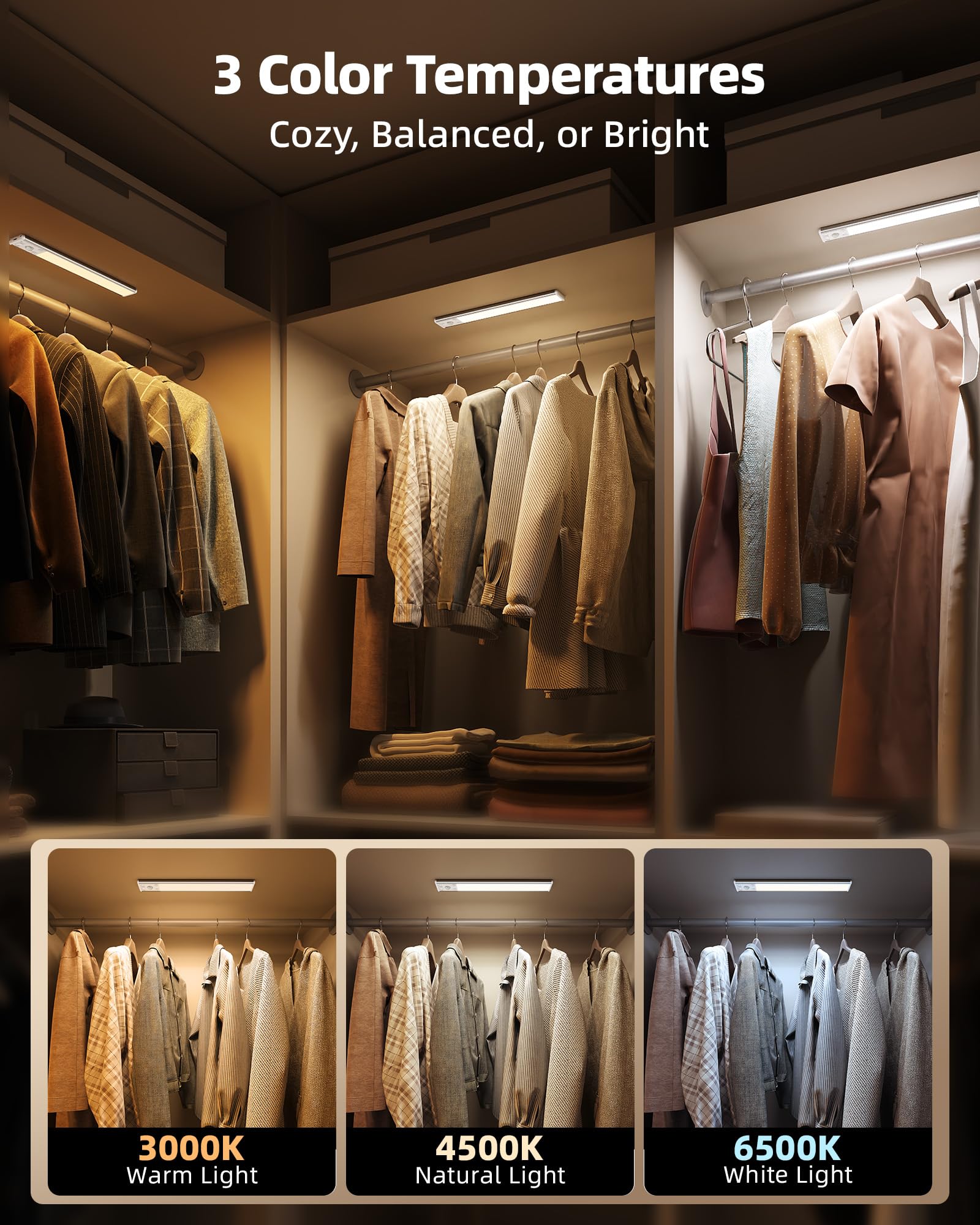 EZVALO 10inch Under Cabinet Lighting, 2500mAh Rechargeable Motion Sensor Lights Indoor with 3 Color Temps, 2 Pack Magnetic Closet Light, 80 LED Dimmable Under Counter Lights for Kitchen, Shelf, Stair - Available at All In One Marketplace Canada
