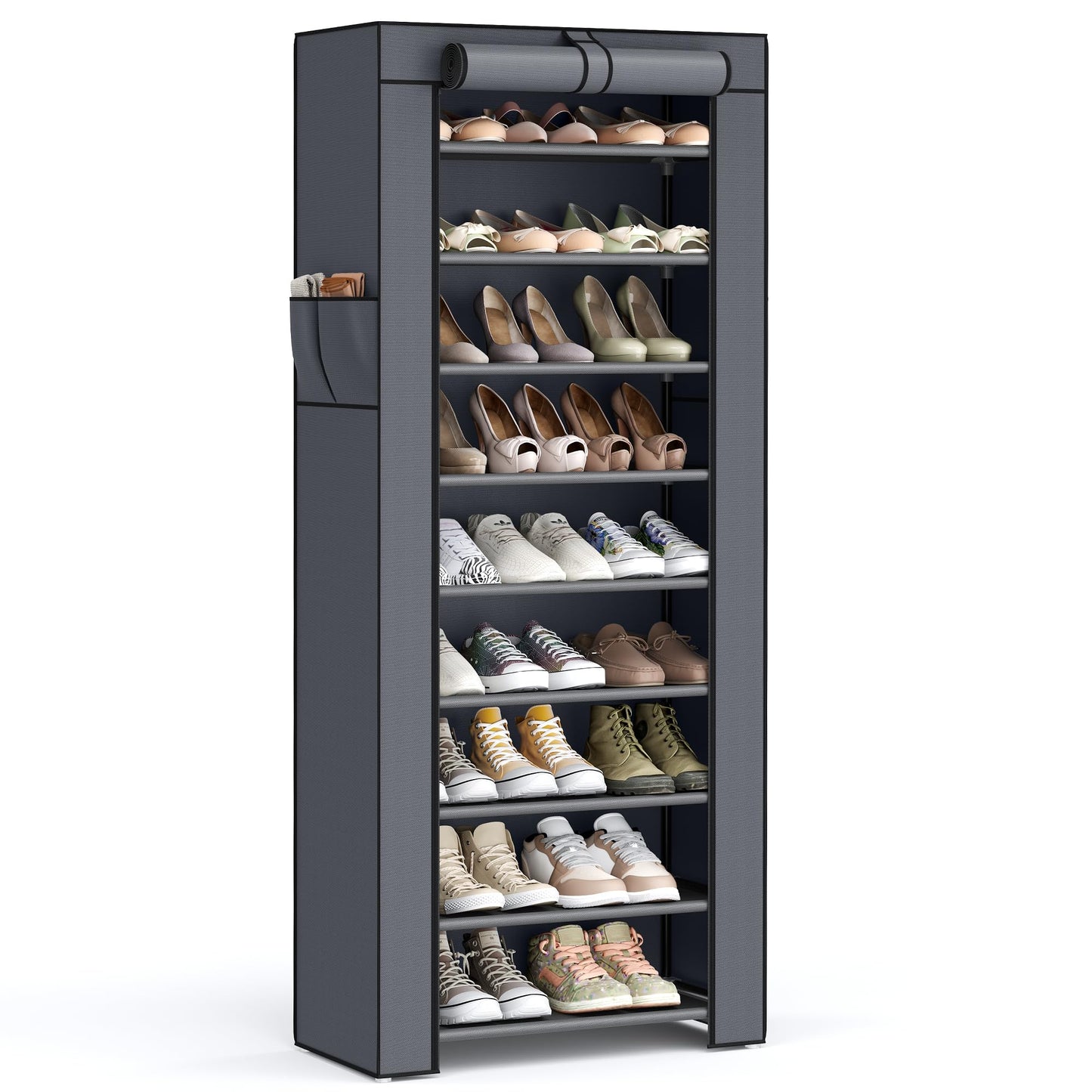 SONGMICS 10-Tier Shoe Rack, Shoe Storage Organizer Cabinet with Dustproof Cover, Free-Standing, for Closet, Entryway, Hold 27-35 Pairs, for Sneakers, High Heels, Gray URXJ10G01 SONGMICS