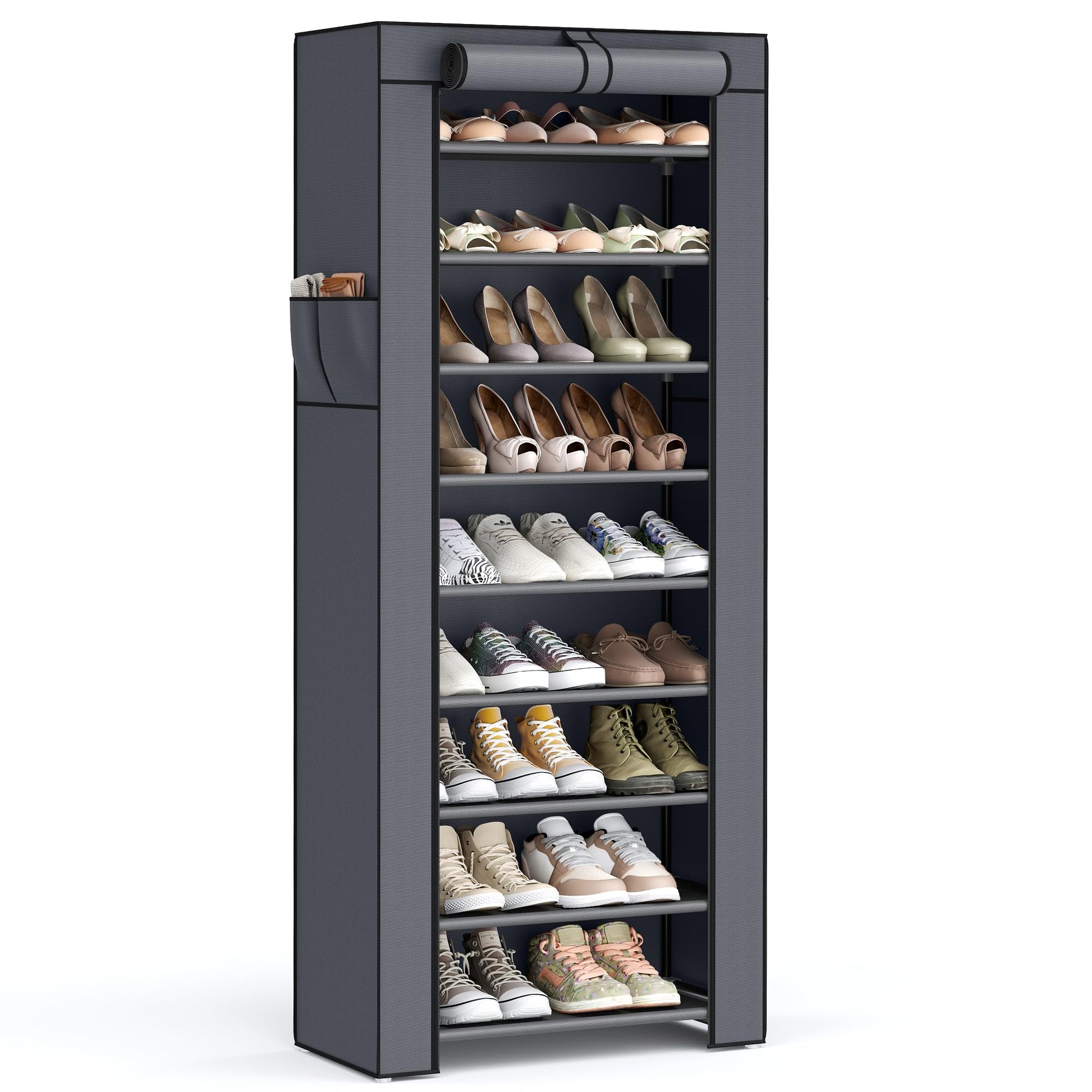 SONGMICS 10-Tier Shoe Rack, Shoe Storage Organizer Cabinet with Dustproof Cover, Free-Standing, for Closet, Entryway, Hold 27-35 Pairs, for Sneakers, High Heels, Gray URXJ10G01 SONGMICS