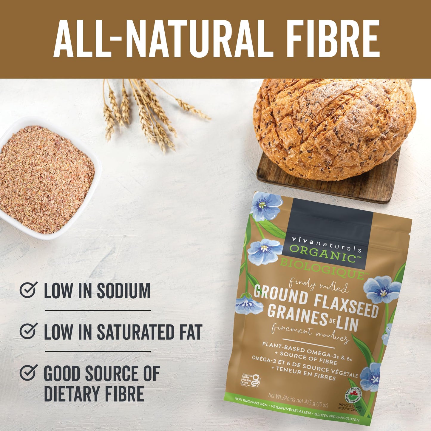 Viva Naturals Canadian-Made Organic Ground Flaxseed - Premium Flax Seeds for Baking, Smoothies - Certified Organic, Non-GMO, Keto & Vegan Friendly Graine De Lin 425 g (15 oz) - Available at All In One Marketplace Canada