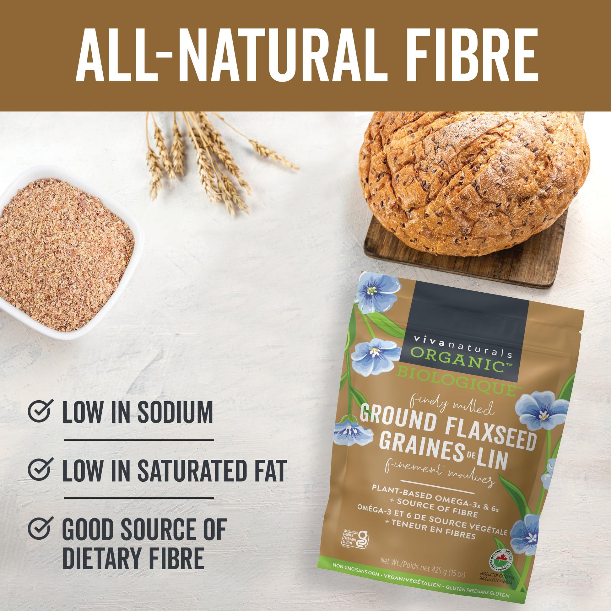 Viva Naturals Canadian-Made Organic Ground Flaxseed - Premium Flax Seeds for Baking, Smoothies - Certified Organic, Non-GMO, Keto & Vegan Friendly Graine De Lin 425 g (15 oz) - Available at All In One Marketplace Canada